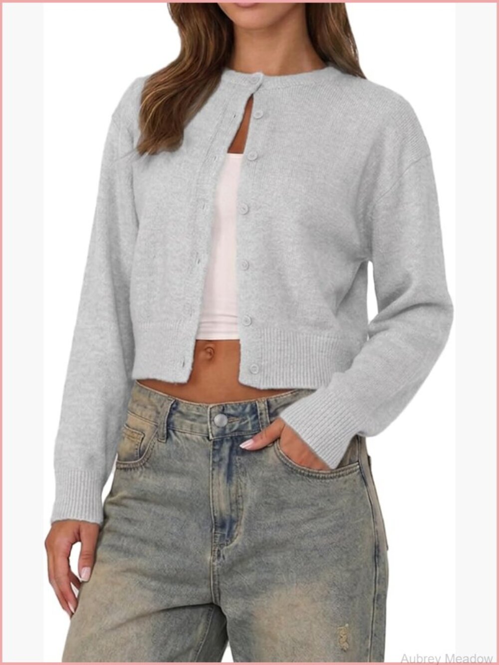 Button Front Crop Sweater Cardigan Crew Neck Long Sleeve Knit Fall Top